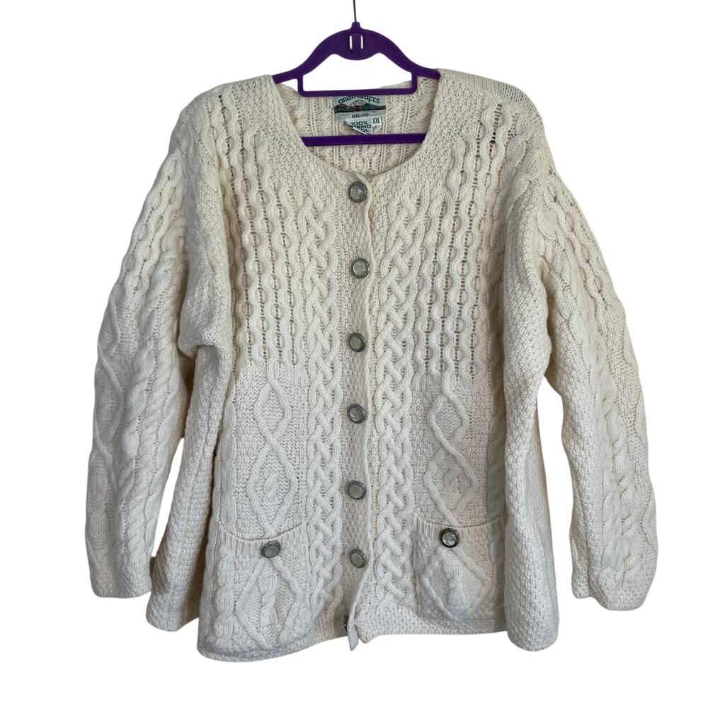 Aran Crafts XXL Vintage Cream Cable Knit Fisherman Cardigan Button-front Pockets - Picture 2 of 16